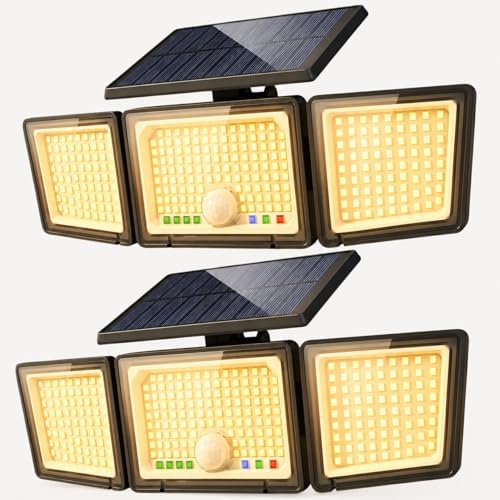 Solar Outdoor Lights Motion Sensor, 2500LM 286 LED Security Flood Lights with Visual Battery & Mode Display, 3 Lighting Modes, IP65 Waterproof 3-Head Wide Angle for Garage, Yard, Patio (2P Warm White)