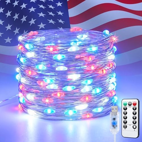 JMEXSUSS 100 LED Red White and Blue Fairy Lights for 4th of July Decor