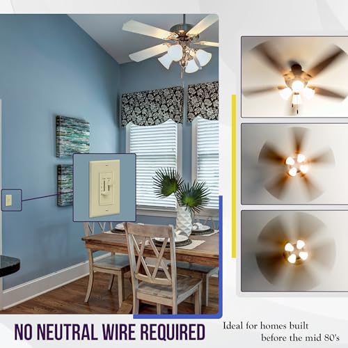 ENERLITES 3 Speed Ceiling Fan Control and LED Dimmer Light Switch, Light and Fan Combination Switch, Single Pole, 2.5A, 300W Incandescent, No Neutral Wire Required, 17001-F3-I-F, Ivory