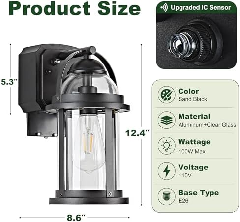OKELI Dusk to Dawn Outdoor Wall Lights with GFCI Outlet, Waterproof Rustic Farmhouse Wall Lanterns with Clear Glass Shades, Anti-Rust Outside Fixture Lights for Garage Patio Porch, Black, 2 Pack