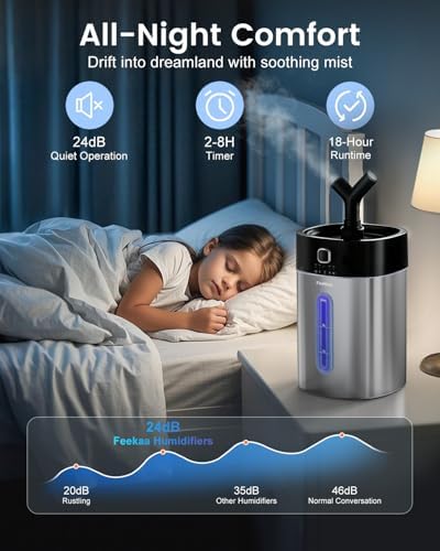 Feekaa Stainless Steel Humidifier, Easy Clean Dishwasher Safe, 4L/1Gal Cool Mist Humidifiers for Bedroom, Humidifiers for Baby, Humidifier Large Room for Nursery, Plant, Office, Living Room, Black