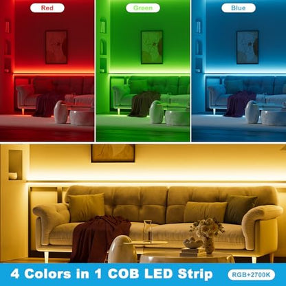 RGBW COB LED Strip Light 20ft RGB+2700K 12V Color Changing UL-Listed LED Light Strip Multicolored Flexible RGB Lights for Party Decoration Home DIY Lighting Projects(NO Adapter or Controller)