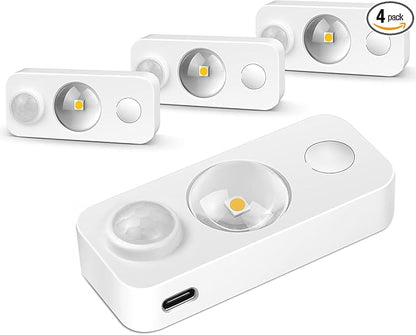 LED Motion Sensor Puck Lights, Rechargeable Under Cabinet Lighting Wireless Daylight White, Dimmable Night Light, Under Counter Lights for Kitchen, Display Shelf, Closets (4 Pack)
