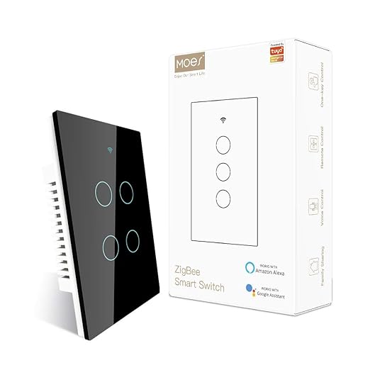 MOES ZigBee Smart Touch Wall Light Switch,Requires Tuya ZigBee Hub,No Neutral Wire/N+L Wiring,No Capacitor,Smart Life Tuya 2/3 Way Remote Control, Work with Alexa Google Home, 2MQTT,4 Gang Black
