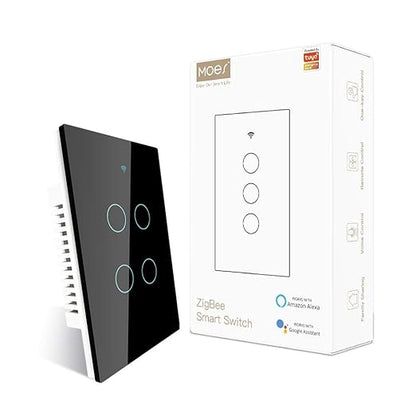 MOES ZigBee Smart Touch Wall Light Switch,Requires Tuya ZigBee Hub,No Neutral Wire/N+L Wiring,No Capacitor,Smart Life Tuya 2/3 Way Remote Control, Work with Alexa Google Home, 2MQTT,4 Gang Black