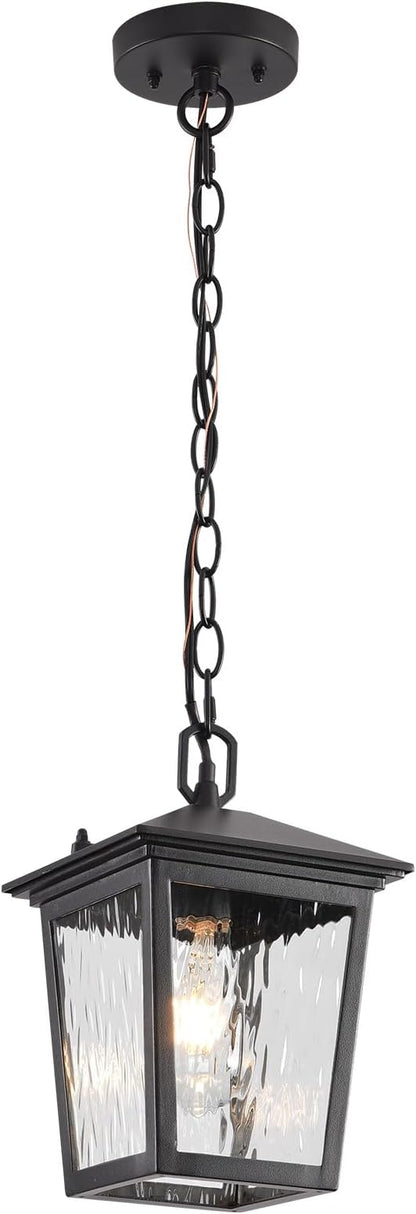 Outdoor Pendant Light, Black Outdoor Porch Light fixtures with Anti-Rust, Exterior Hanging Lantern, Height Adjustable Outside Chandelier with Water Glass for House Patio Garage
