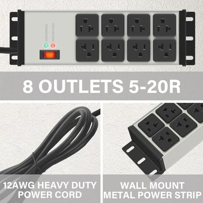 CCCEI 12 Gauge Heavy Duty Power Strip, Magnetic, 8 Ports. Grey, 25FT, 1