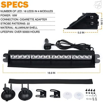 Xprite 16 inch White Green Emergency Strobe Dash Lights, Interior Windshield Flashing Light w/Suction Cups for Construction Towing Snow Plow Pickup Work Trucks Cars (Aluminum Housing)