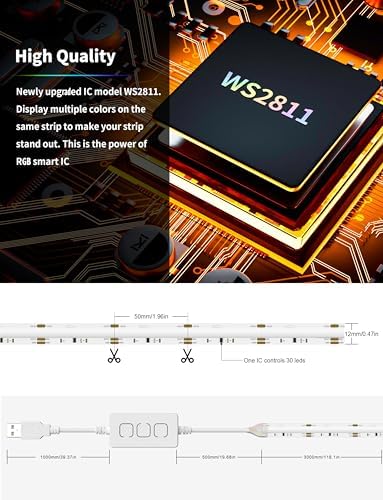 PAUTIX RGB Smart IC COB LED Strip Light 5V USB,Color Chasing UL-Listed Multicolor Flexible Tape LED Strip Light 9.84ft/3m Compatible with Alexa/Google Assistant,for TV,Desk,Monitor DIY Decoration