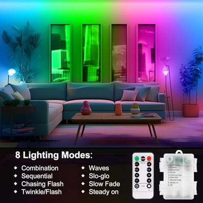 echosari 9.8FT 90Led RGB Strip Lights Battery Powered Remote Control, 8 Modes, Dimmable, Timer, Self-Adhesive, Cuttable, Waterproof, for TV Computer Monitor/Screen Decor (Pack of 3)