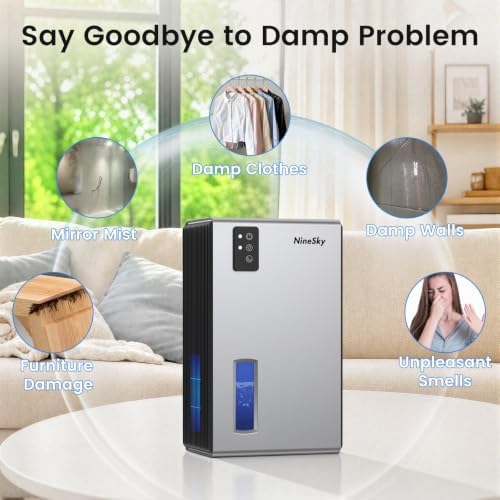 NineSky Dehumidifiers for Home, 1000 Sq.Ft Dehumidifier with 95oz Water Tank, Quiet Dehumidifier for Basement Bathroom Bedroom with 7-Color Ambient Light & Auto Shut Off, Sliver