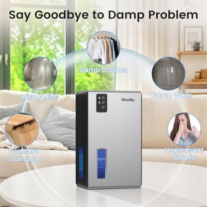 NineSky Dehumidifiers for Home, 1000 Sq.Ft Dehumidifier with 95oz Water Tank, Quiet Dehumidifier for Basement Bathroom Bedroom with 7-Color Ambient Light & Auto Shut Off, Sliver