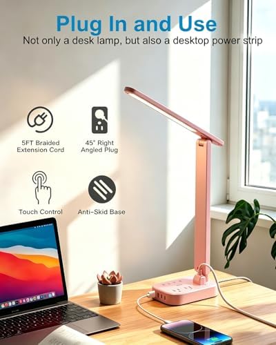 LED Desk Lamp, Power Strip with 4 USB 3 Outlets, Dorm Room Essentials, Pink