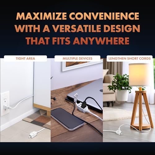Newhouse Electric 12-Foot 2-Prong Indoor Outlet Extension Cord with Tamper Guard CTCORD12FT-WH Slim Indoor Extension Cord and Cube Tap for Home Essentials, Apartments, and Home Improvement Projects