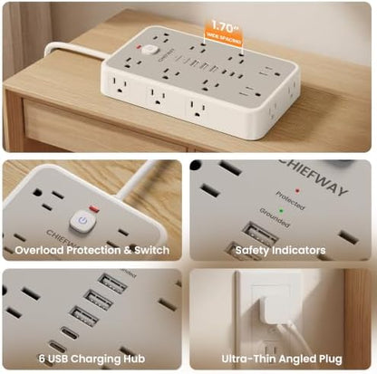 20 FT Surge Protector Power Strip with 6 USB, 16 Outlets, 2400J