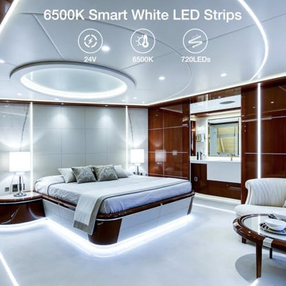 DAYBETTER Smart WiFi White Led Strip Lights 50 ft with Control Box, 6500K, Dimmable White Led Lights Compatible with Alexa and Google Assistant, 720 LEDs, for Bedroom, Kitchen Cabinets, Living Room