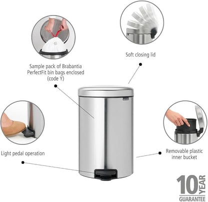 Brabantia Step-On Trash Can | Matt Steel FPP | 5.3 Gallon / 20L | Bathroom, Bedroom, Office Trash Can with Light Pedal Opening, Handle & Removable Inner Bucket | 11.4 x 15 x 18.4 | + Trash Bags