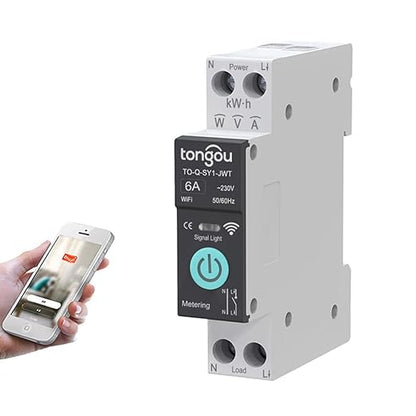 TUYA WiFi Smart Switch Circuit Breaker, 1P 6A 10A 16A 20A 25A 32A 40A 50A 63A Smart Home Wireless Voice Remote Control Smart Circuit Breaker Wifi Timer with Metering (6A)