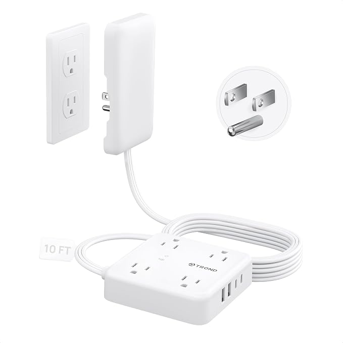TROND Flat Plug Power Strip with Outlet Cover | 10ft Extension Cord with Multiple Outlets and 4 USB Ports, Surge Protector Outlet Concealer, Home Improvement for Hide Messy