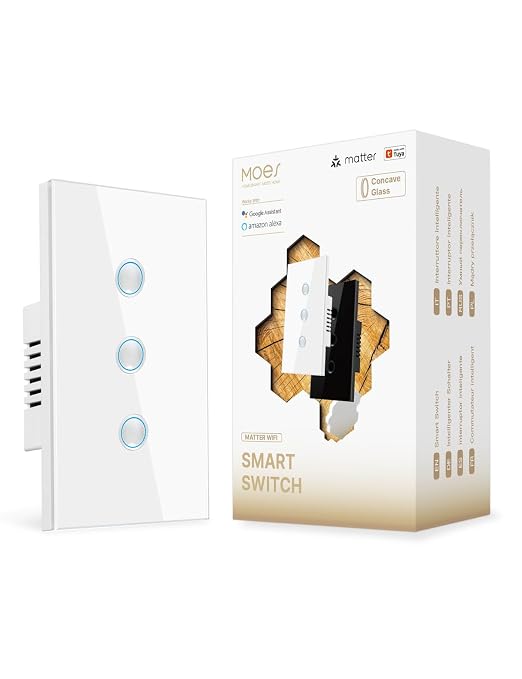 MOES Matter WiFi Smart Light Switch, Touch Glass, White 3 Gang