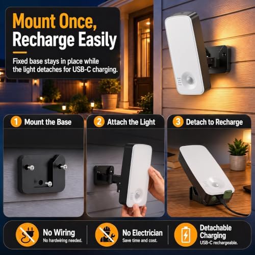 TANBABY Rechargeable Outdoor Porch Lights with Motion Sensor, Black 2 Pack