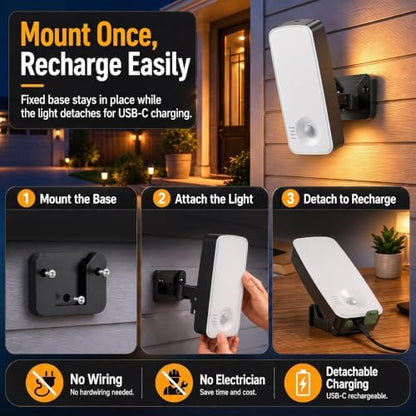 TANBABY Rechargeable Outdoor Porch Lights with Motion Sensor, Black 2 Pack