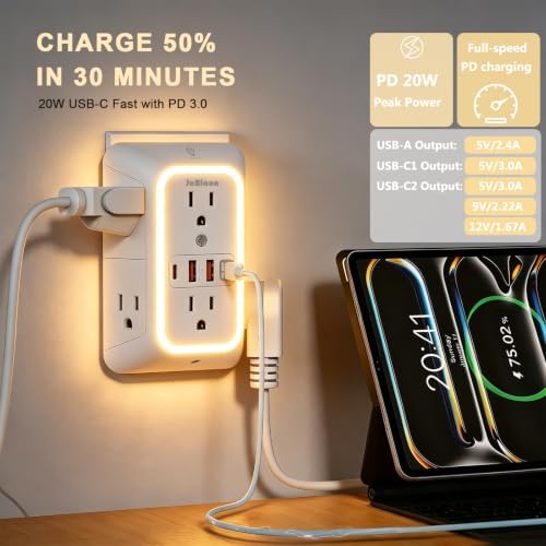 JcBlaon Surge Protector Outlet Extender, 6 Outlet Splitter and 4 USB Ports (PD 20W USB-C) with Night Light, 3 Sided Multi Plug Wall Adapter Power Strip for Home Travel Office-ETL