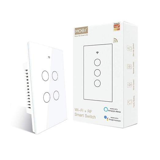 MOES Touch Wall Single Live Wire Smart Switch, No Neutral Wire Needed, 2.4GHz WiFi RF433 Light Switch Works with Smart Life/Tuya App, Alexa and Google Home, Single Pole 110V, White 4 Gang