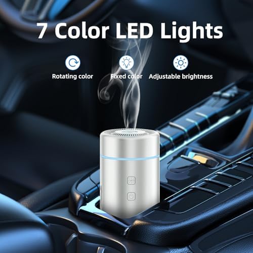 SEEDSEEL 100ML Car Essential Oil Diffuser, Rechargeable Battery Powered, Cordless Portable Aromatherapy Diffuser with 7 LED Color Lights 2 Timer Modes for Car Room Home Office (Silver)
