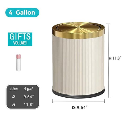 4 Gallon Bathroom Trash Can with Swing Lid, Large Gold White Garbage Can, Fancy, Big Leather Waste Basket, for Girls Bedroom Kitchen Powder Room (15L White)