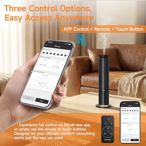 Waterless Essential Oil Diffuser, 1000 Sq.Ft Coverage, Smart App & Remote Control Scent Machine, 3 Color Ambient Lights, Adjustable Mist, Quiet Aromatherapy Diffuser for Home Large Room Hotel, Black