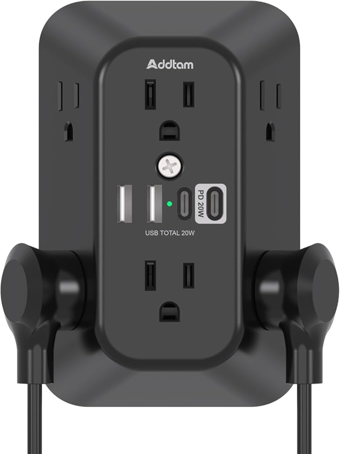 Addtam 6-Outlet Extender Surge Protector, Multi Plug Wall Outlet with 4 USB Wall Charger(PD 30W), Plug Extension Outlet with 1800J, Outlet Splitter Power Strip for Home Office, Black