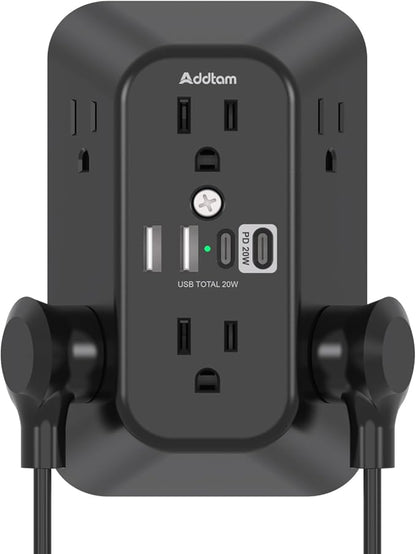 Addtam 6-Outlet Extender Surge Protector, Multi Plug Wall Outlet with 4 USB Wall Charger(PD 30W), Plug Extension Outlet with 1800J, Outlet Splitter Power Strip for Home Office, Black