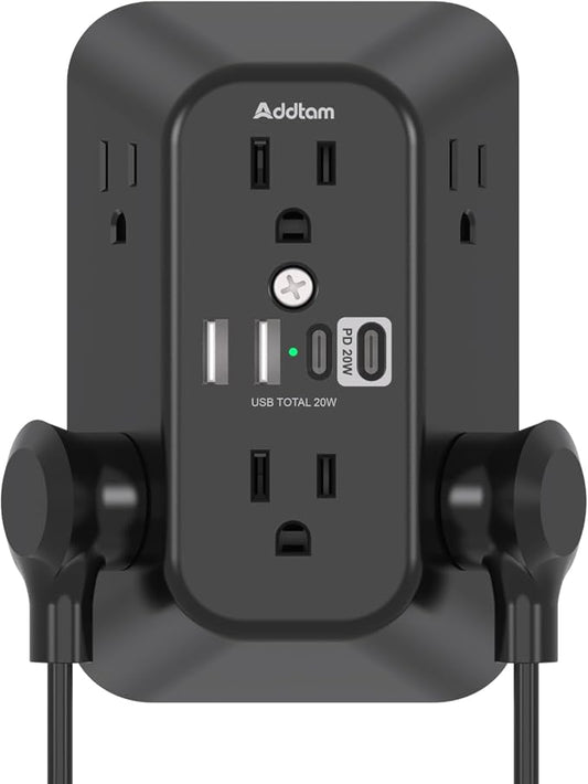 Addtam 6-Outlet Extender Surge Protector, Multi Plug Wall Outlet with 4 USB Wall Charger(PD 30W), Plug Extension Outlet with 1800J, Outlet Splitter Power Strip for Home Office, Black