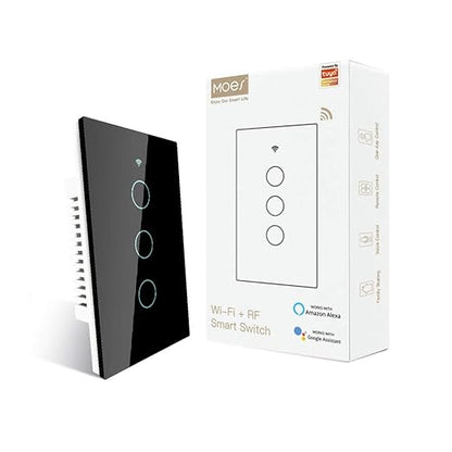 MOES Touch Wall Single Live Wire Smart Switch，No Neutral Wire Needed, 2.4GHz WiFi RF433 Light Switch Works with Smart Life/Tuya App, Alexa and Google Home, Single Pole 110V, Black 3 Gang