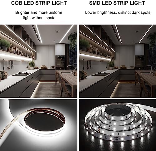 Pandery COB LED Strip 5m,16.4ft LED Strip Lights,Touch Dimmable LED Strips,CRI90+,6000K Daylight White LED Tape Lights,1600LEDs,24V cob led,Indoor for Bedroom,Kitchen,TV,Mirror,Cabinet