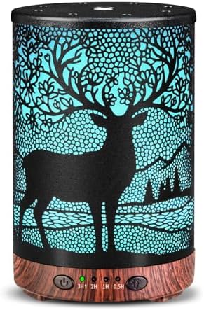 Essential Oil Diffuser 120ML Metal Aromatherapy Diffuser with Timer, Cool Mist Humidifier with Auto Shut-Off & 7 Color Lights for Home Office Spa (Forest Deer)