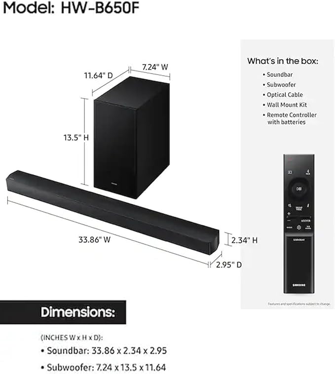 Samsung Soundbar HW-B650F 3.1ch with Subwoofer, Dolby Audio, Powerful Bass Sound Bar for TV, Clear Dialogue, Home Theater Audio System for Movies, Gaming & Music