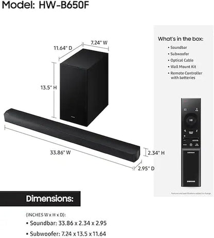 Samsung Soundbar HW-B650F 3.1ch with Subwoofer, Dolby Audio, Powerful Bass Sound Bar for TV, Clear Dialogue, Home Theater Audio System for Movies, Gaming & Music