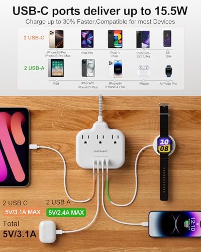 25FT Extension Cord with USB C - White Flat Plug Braided Extension Cord with 3 Outlets & 4 USB Ports (2 USB-C), No Surge Protector for Home, Office, Studio, Behind TV