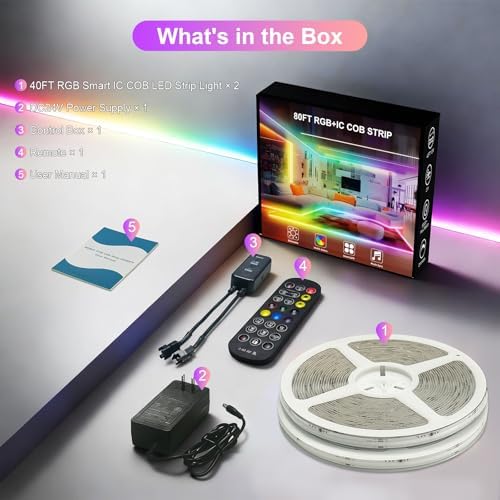 80ft/24M RGB Smart IC COB LED Strip Light, Color Flowing Strip Light
