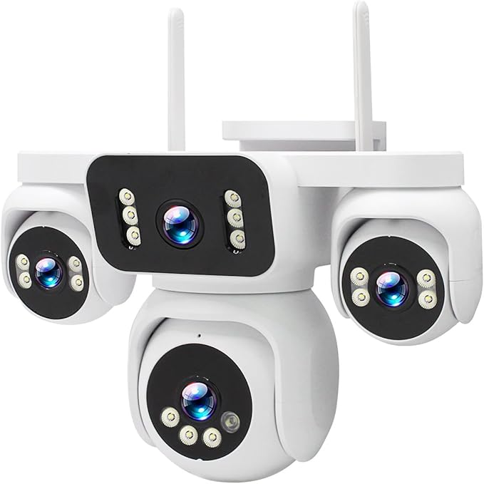 4-in-1 Wireless Outdoor Security Camera, Quad-View PTZ with 8MP HD, 16X Zoom, AI Human/Pet Detection, Color Night Vision, IP66 Weatherproof, 2-Way Audio, Dual Storage for Home Security