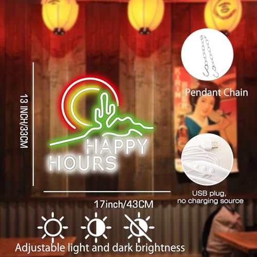 Happy Hours Neon Sign, USB 5V Powered LED Silicone Strip Neon Light, Acrylic Board Wall Decor for Bar Pub Man Cave Home Party, Non-Waterproof Indoor Use Only