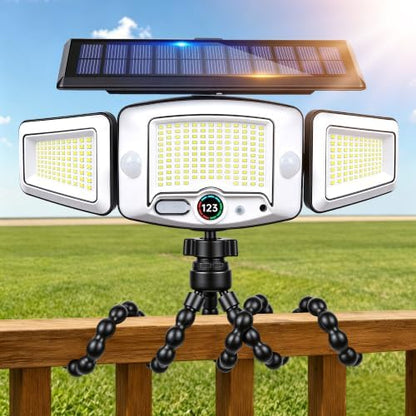 4000mAh Solar Motion Lights Outdoor with Octopus Mount, 2500LM 270° 3-Head Adjustable Solar Flood Lights with Digital Display & Remote, Dual PIR Sensor Security Lights for Fence Yard Patio Gazebo（1）