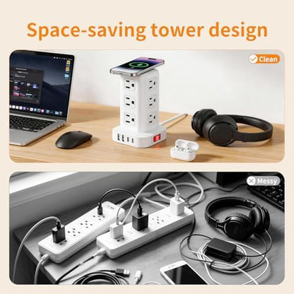 Extension Cord with Multiple Outlets, SMALLRT Power Strip Tower, 10FT Outlet Extender with 12 AC Outlets 4 USB, Power Strip with USB Ports for Home Office Dorm Room,Overload Protection