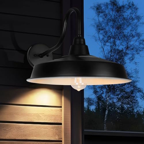 Solar Barn Light Outdoor, 16 Inch Dome Wall Light Solar Powered, Farmhouse Exterior Wall Sconce, Industrial Outside Lighting Fixture, Rustic Lantern for Garage, Barn, Shed, RZSR020W