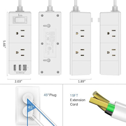 15Ft Extension Cord Flat Plug Power Strip - Tcstei 3-Side Outlet Extender with 6 AC Outlets and 3 USB Ports (1 USB C), Compact for Home, Office, Dorm Room Essentials, White