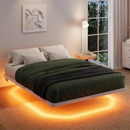 SHA CERLIN Full Size Floating Bed Frame with Smart LED Lights, White