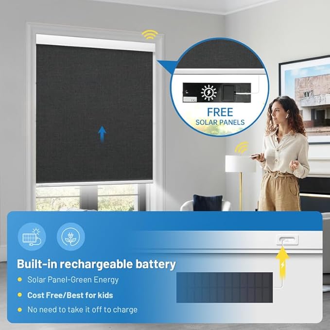 Motorized Blinds with Remote, [Free Solar Panels] Cordless Smart Blinds with Valance Cover, Blackout Electric Blinds with Remote Control, Automatic Roller Shades for Windows Light Black 27" W x 72" H
