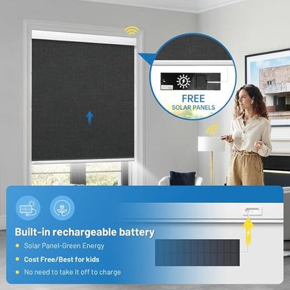 Motorized Blinds with Remote, [Free Solar Panels] Cordless Smart Blinds with Valance Cover, Blackout Electric Blinds with Remote Control, Automatic Roller Shades for Windows Light Black 34" W x 72" H